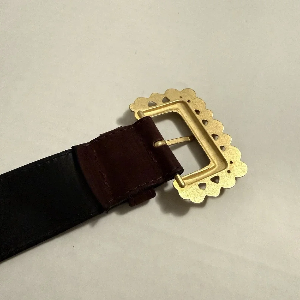 Crisca Dark Brown Leather Belt Gold Trim, Cow, Steer Horns. Made In Italy. 34 In